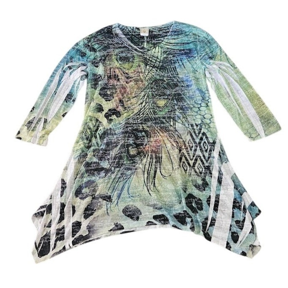 Jess & Jane Tunic Top Medium Green Peacock Animal Print Rhinestone Boho Artsy